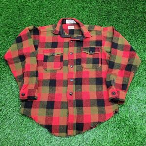 Vintage 50s Melton Wool Button Shirt Large 22x29 Buffalo-Plaid